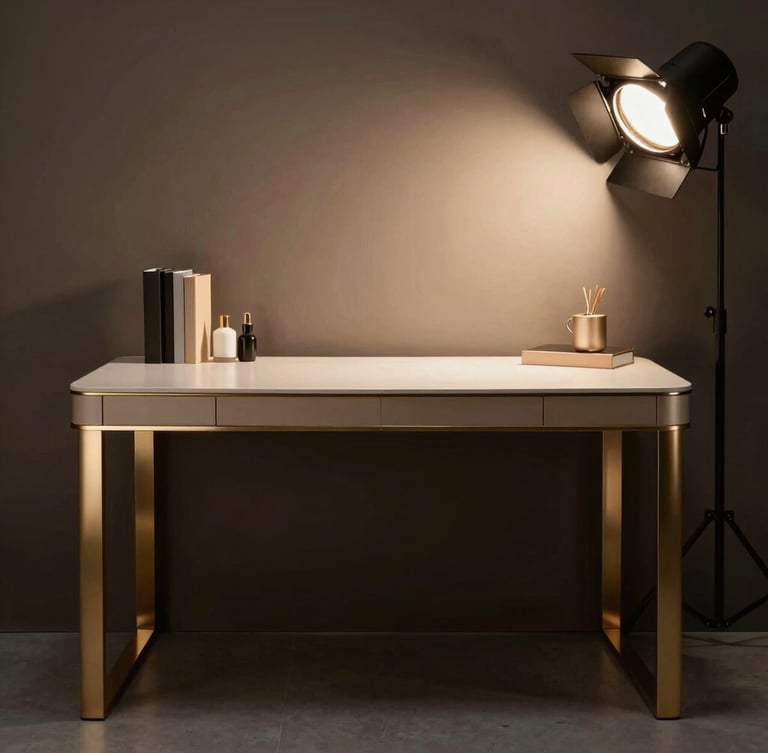Sleek high-end workspace setup with dramatic low-key studio lighting, warm champagne-gold accents on metallic hardware, deep shadows, 35mm