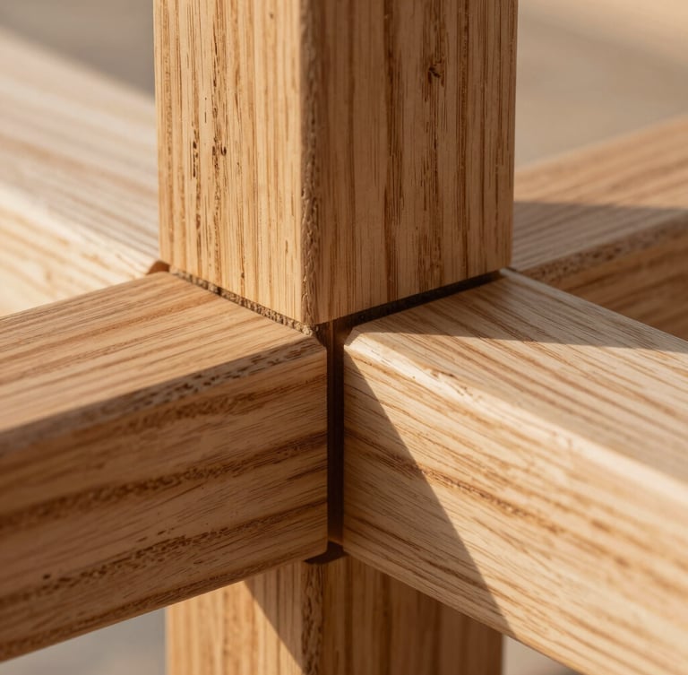 Extreme close-up of a perfectly aligned dovetail joint in restored cypress wood, natural coastal light highlighting the fine grain and precise craftsmanship.