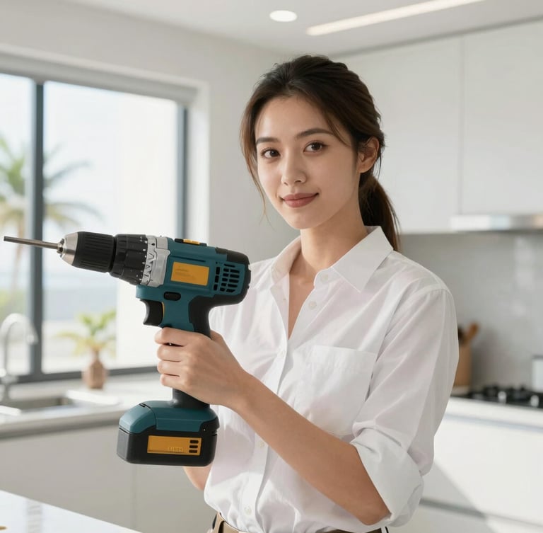 A professional portrait of a female contractor in a clean white shirt, holding a modern drill, bright natural Florida daylight streaming through a window, clean modern kitchen background, 35mm lens.