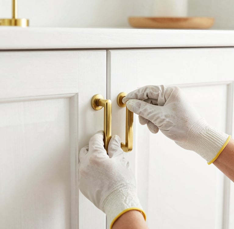 Close-up of hands wearing clean work gloves carefully adjusting a newly installed brass cabinet pull, bright natural daylight, pristine finished white wood, soft gold accents, 35mm lens.