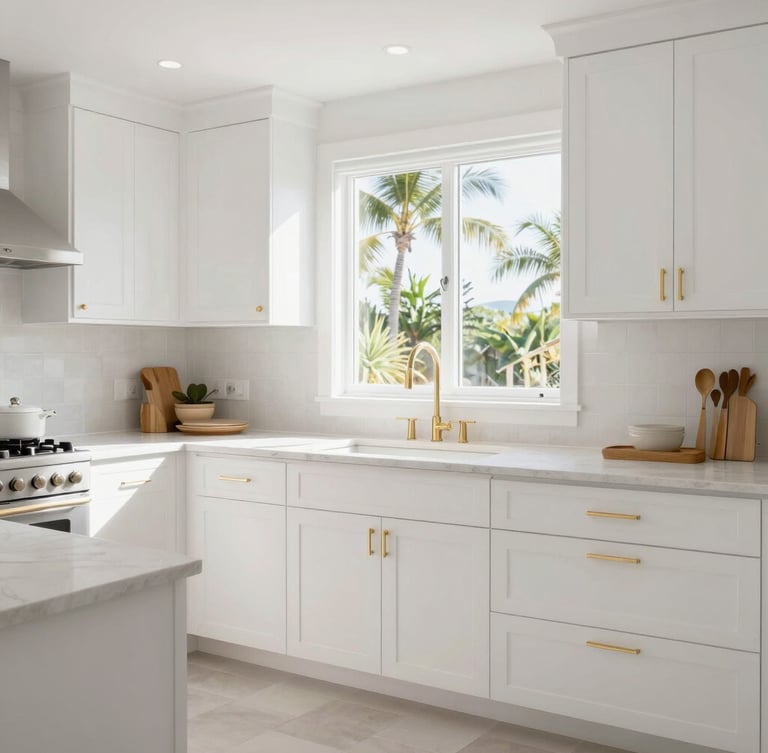 Bright editorial photography of a beautifully finished modern kitchen with pristine white cabinets and subtle gold hardware, natural Florida daylight streaming through a window.