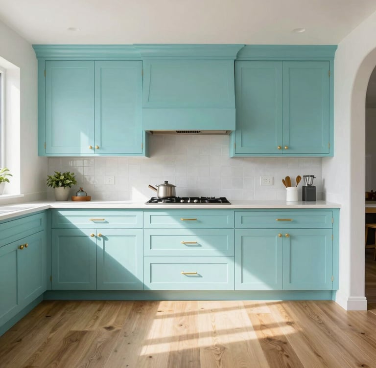 Straight-on architectural shot of a bright coastal kitchen with perfectly aligned custom cabinets in soft turquoise and warm brushed-gold hardware, natural daylight streaming onto a wide-plank oak floor.