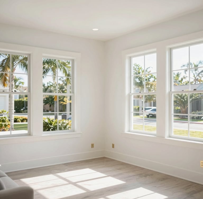 Bright editorial photography of a finished modern living room in Palm Coast, natural Florida daylight streaming through windows, pristine walls and clean lines.