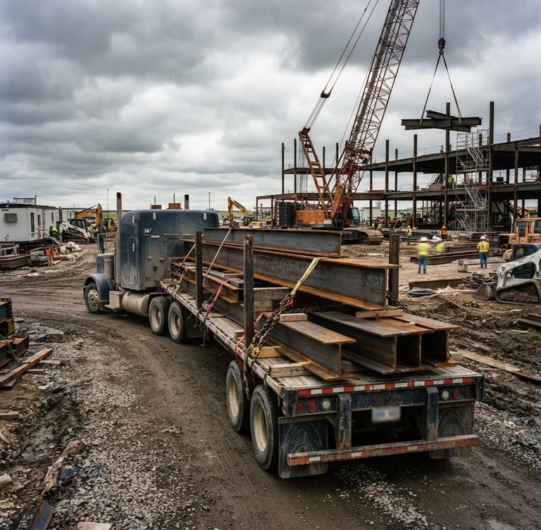 Heavy flatbed trailer loaded with structural steel beams on an active construction site, overcast South Dakota sky, industrial grit, 35mm
