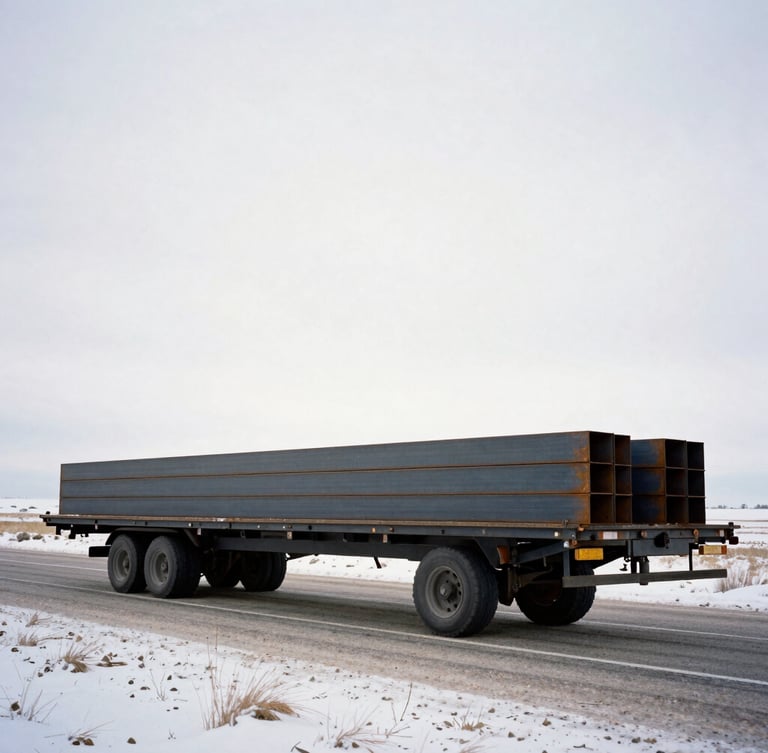 Flatbed trailer carrying raw steel beams across a snow-dusted South Dakota highway under heavy overcast winter daylight, gritty industrial photography, 35mm