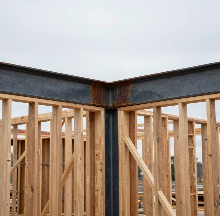 Active remodeling job site in South Dakota, raw timber framing exposed, natural overcast daylight, sharp focus on structural steel connections, 35mm