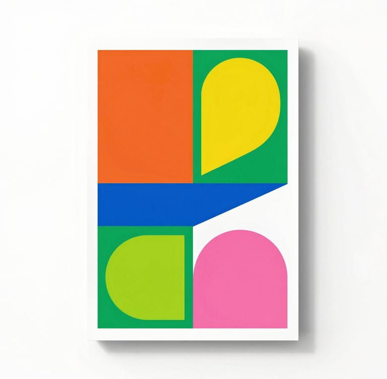 Bright high-key studio photography of a bold graphic design poster on a clean white background, sharp direct sunlight with defined shadows