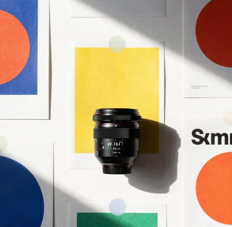 Crisp high-contrast studio setup with direct afternoon sunlight casting sharp shadows on bold graphic posters, clean white background, 35mm lens.