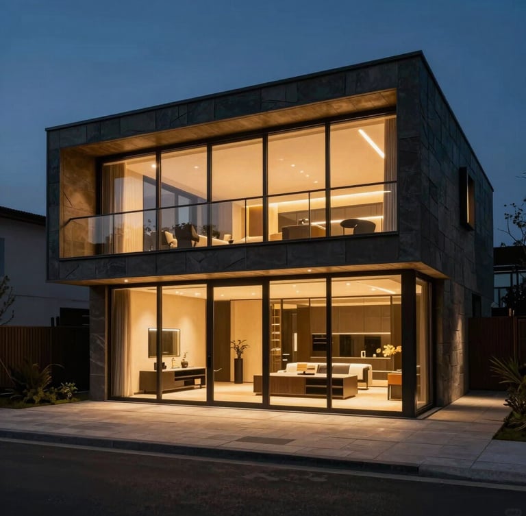 Dramatic night photography of a completed modern modular estate with warm interior lighting glowing through floor-to-ceiling glass.
