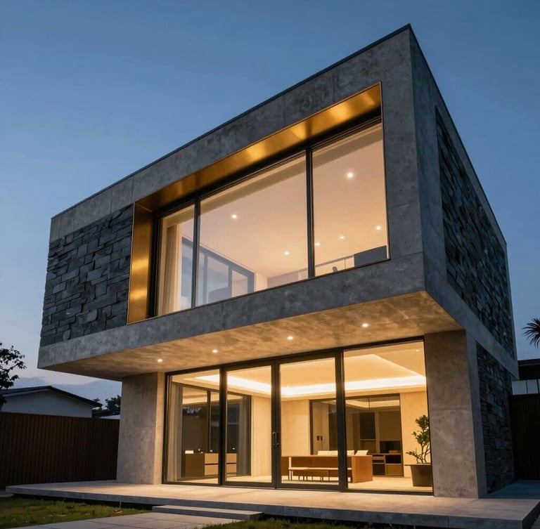 Low-angle twilight wide shot of a monolithic concrete and dark slate modular villa with floor-to-ceiling glass glowing with warm interior light, architectural brass trim.