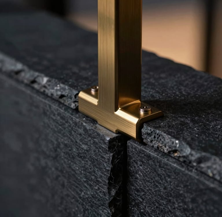 Macro close-up of a precision-engineered structural joint, dark brushed brass and charcoal slate materials meeting at perfect tolerances, dramatic side lighting, high-contrast architectural render, 35mm