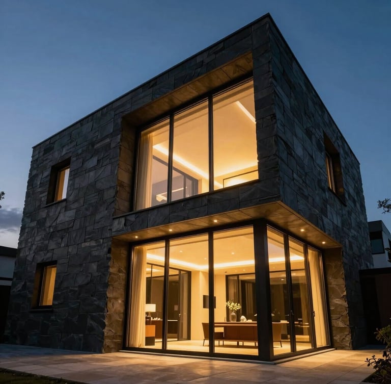 Dramatic low-angle twilight photograph of a modular luxury villa, warm golden lights glowing through floor-to-ceiling glass, dark slate monolithic walls