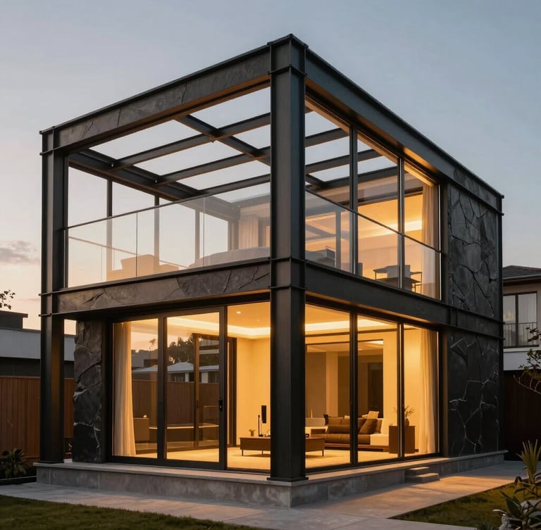 Close-up architectural render of a modular luxury villa steel frame being assembled under dramatic golden-hour side lighting.