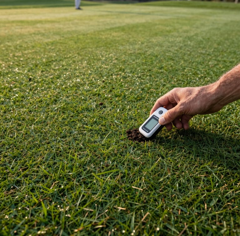 Macro detail shot of a turf manager testing soil moisture on a putting green, early morning crisp light, hands holding a digital sensor, deep forest green grass, 35mm.