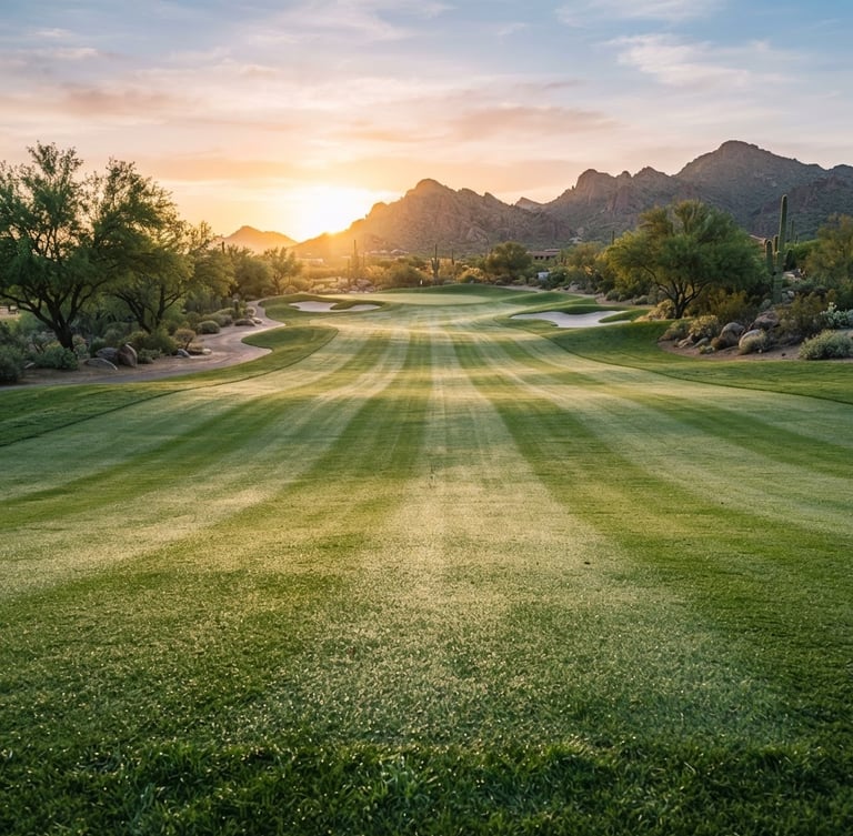 Wide-angle landscape shot of a pristine golf course fairway at dawn, perfect green turf lines with early morning dew shining in golden-hour light, Scottsdale backdrop, 35mm.