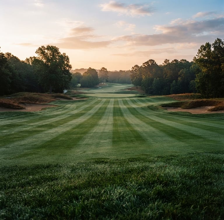 Wide-angle editorial photograph of a pristine, empty fairway at dawn with perfect turf lines, low-angle early morning golden-hour light highlighting dew, 35mm