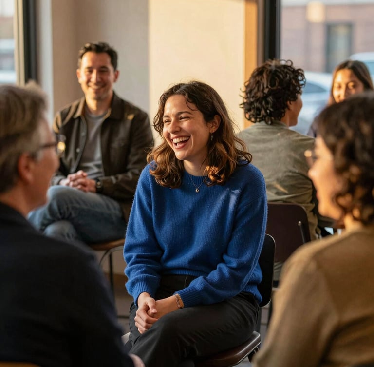 Medium-close candid shot of diverse Evanston residents, artists, and business owners laughing and interacting at a warmly lit indoor gathering, warm golden-hour ambient light, 35mm.