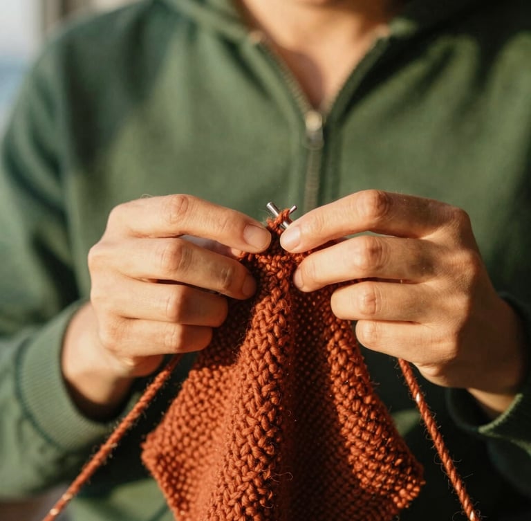 Close-up of hands knitting with textured terracotta wool, warm golden-hour sunlight filtering through window shadows, shallow depth of field, 35mm photography