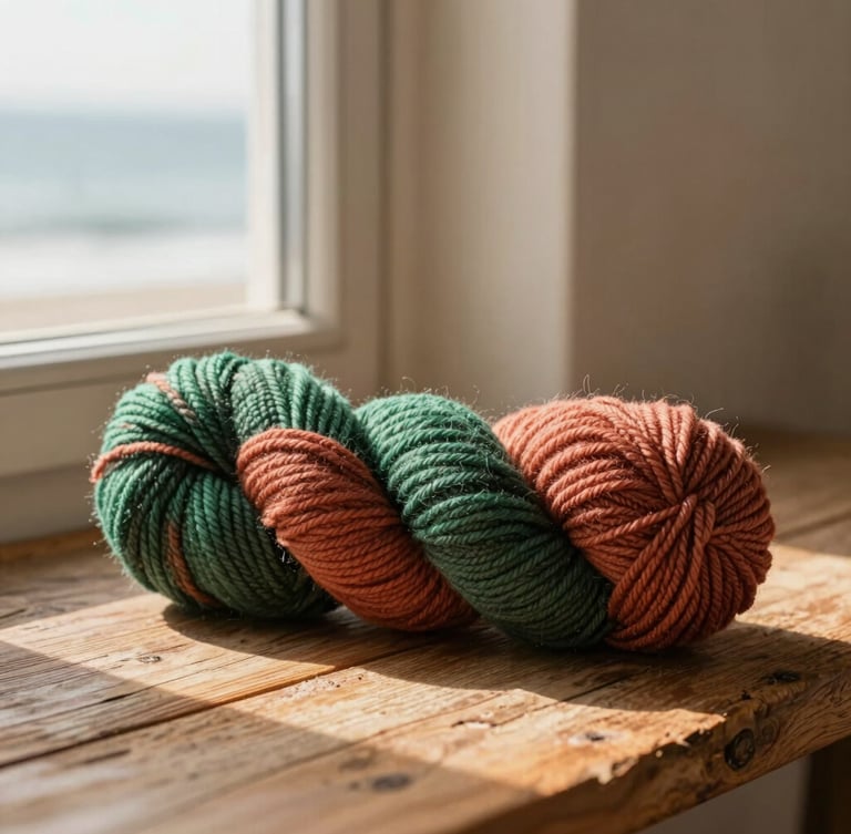 Textured skeins of forest green and dusty terracotta wool resting on a rustic wooden surface by a window with soft shadows, warm editorial photography