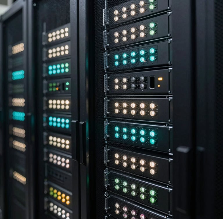 Extreme close-up of high-density server racks, active cool white and cyan status lights casting sharp shadows in a dark Manhattan data center.