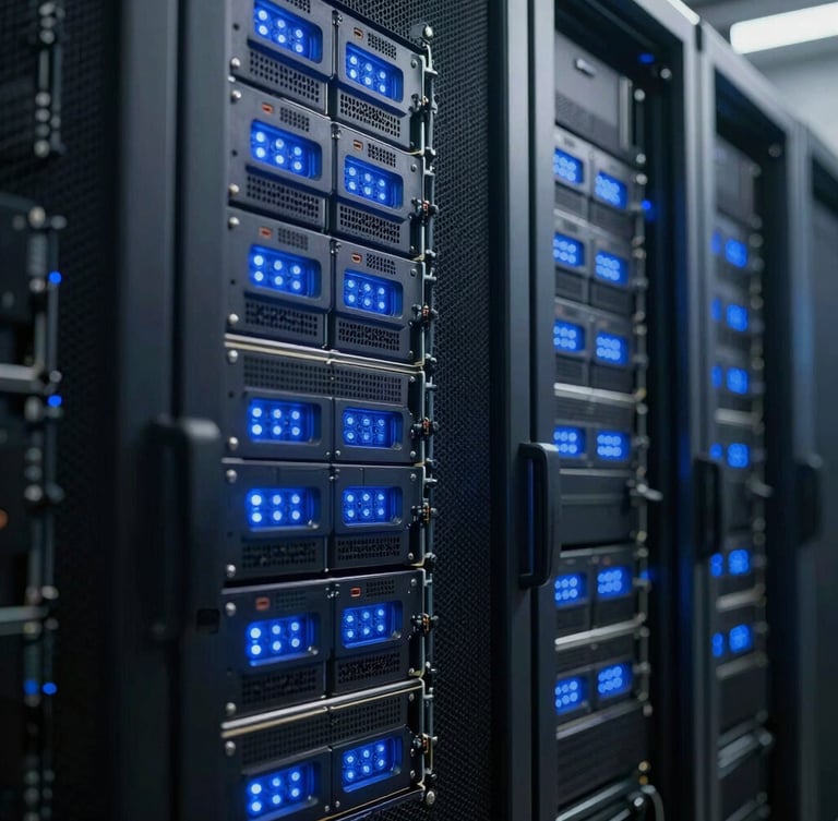 Extreme close-up of high-density server racks inside a Manhattan data center, cool blue status lights casting sharp shadows on dark steel hardware, technical precision framing.