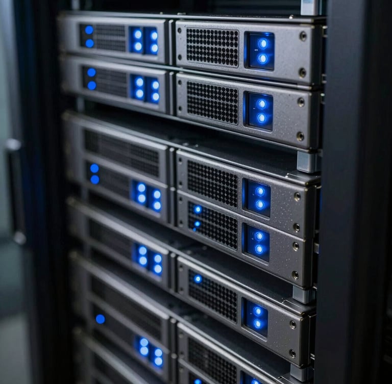 Extreme close-up of a high-density server rack, cool blue status lights blinking, clean metallic edges, sharp shadows, low-key technical lighting.