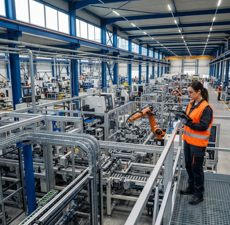 Wide shot of a modern industrial plant interior, clean and well-lit, with heavy machinery in operation, an engineer in high-vis vest observing from the right side, sharp focus, corporate blue and metallic tones, bright neutral daylight, 35mm
