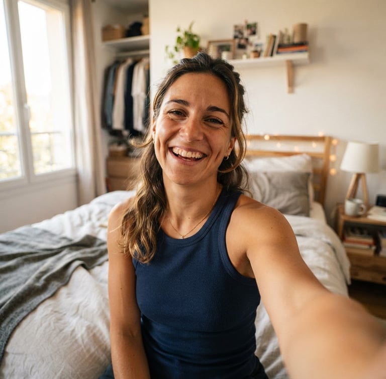 First-person perspective smartphone selfie of an attractive athletic French woman smiling in a bedroom, warm casual lighting, mobile camera aesthetic