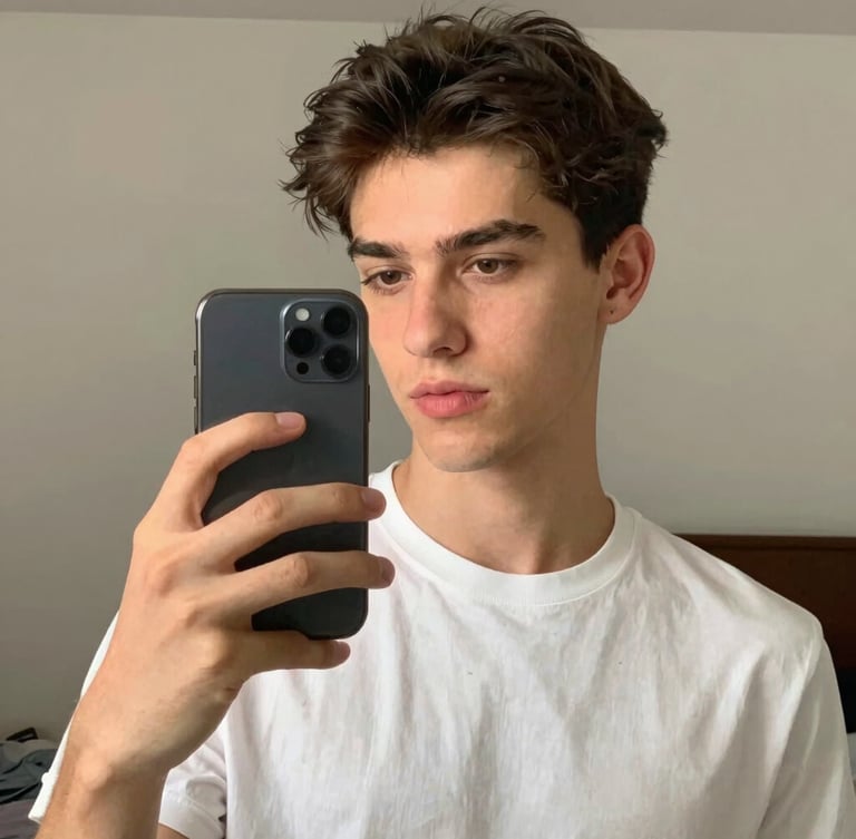 Casual mirror selfie of an attractive young French man holding a smartphone, soft indoor lighting, bedroom background, authentic Snapchat aesthetic