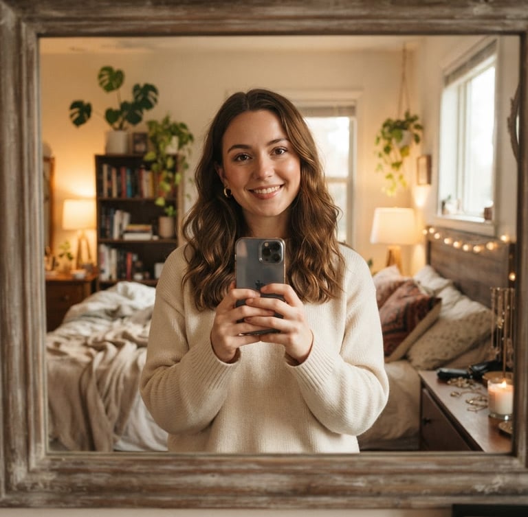 Casual smartphone selfie of an attractive young woman in her bedroom, warm ambient lighting, holding phone up to a mirror, authentic social media aesthetic.