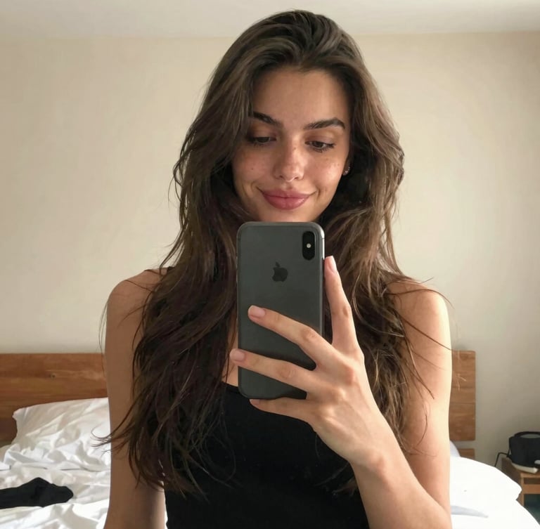 A casual mirror selfie of a beautiful French woman in her bedroom, natural warm lighting, holding a smartphone, realistic smartphone camera aesthetic