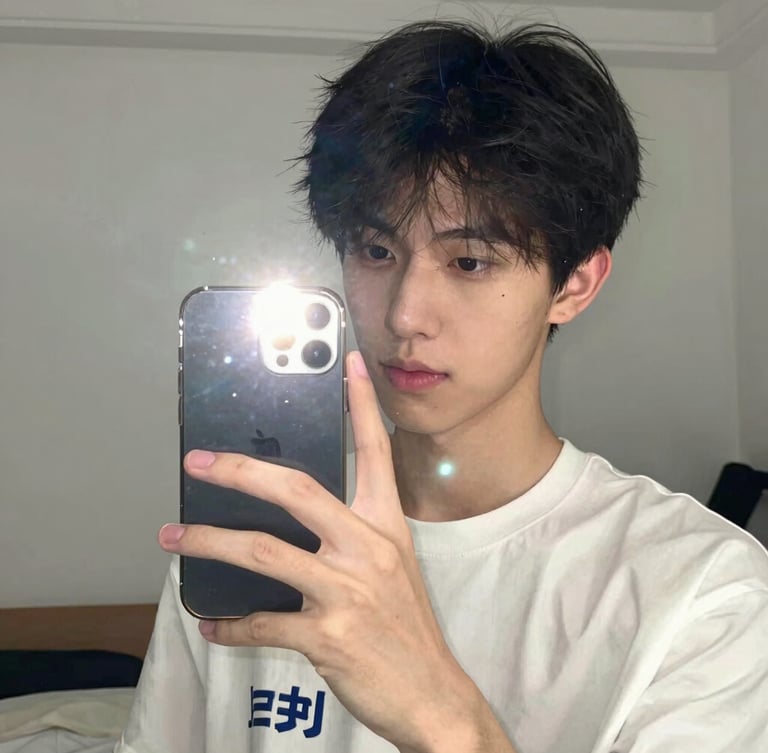 Smartphone selfie of a young adult, casual indoor bedroom setting, soft mirror reflection with phone flash, authentic social media style, portrait aspect