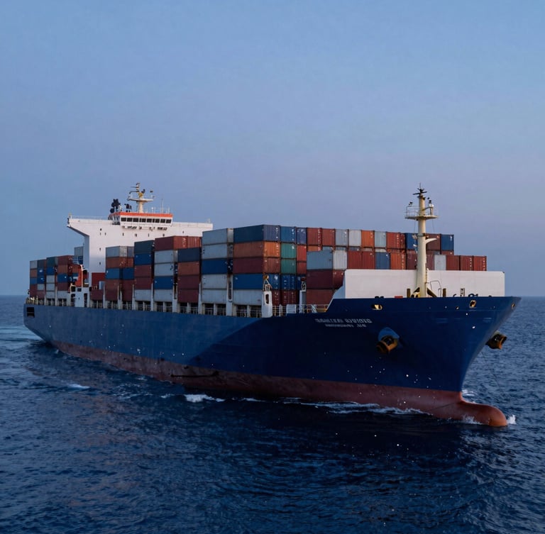 Wide-angle environmental shot of a massive container vessel at sea during twilight, deep blue oceanic water, cargo stacked in rigid grids, dramatic cool lighting