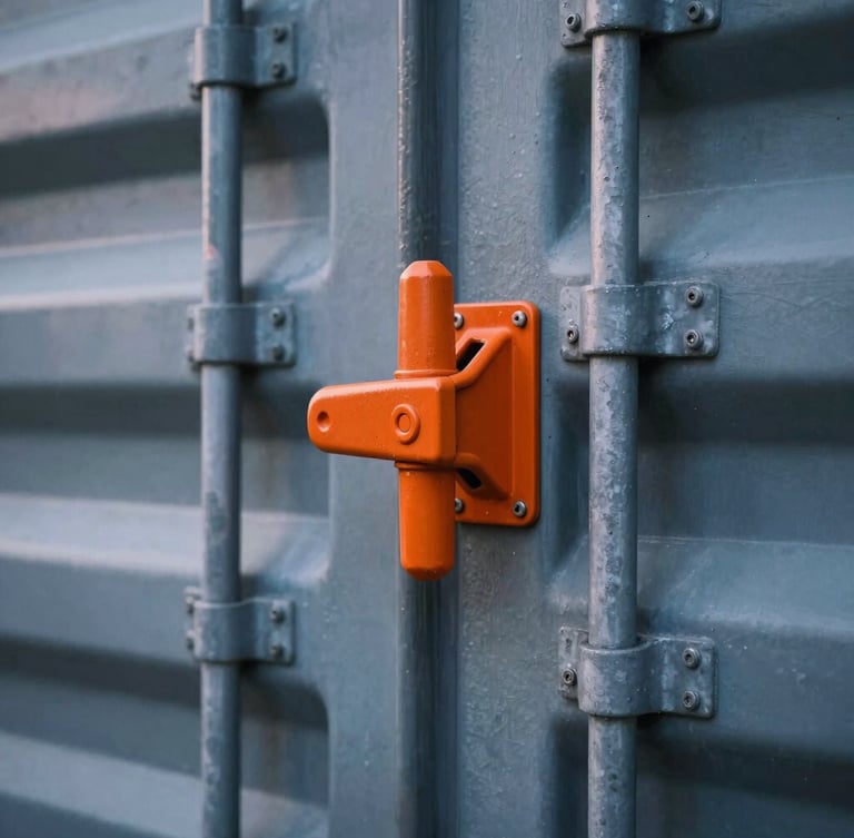 Close-up of a heavy steel cargo container locking mechanism with a bright orange security seal, crisp industrial details, cool twilight lighting.