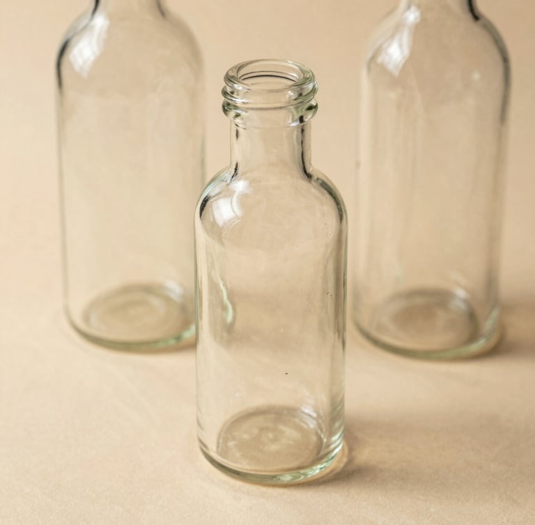 Macro close-up of clean glass bottles on a warm beige surface with soft morning shadows, minimal aesthetic.