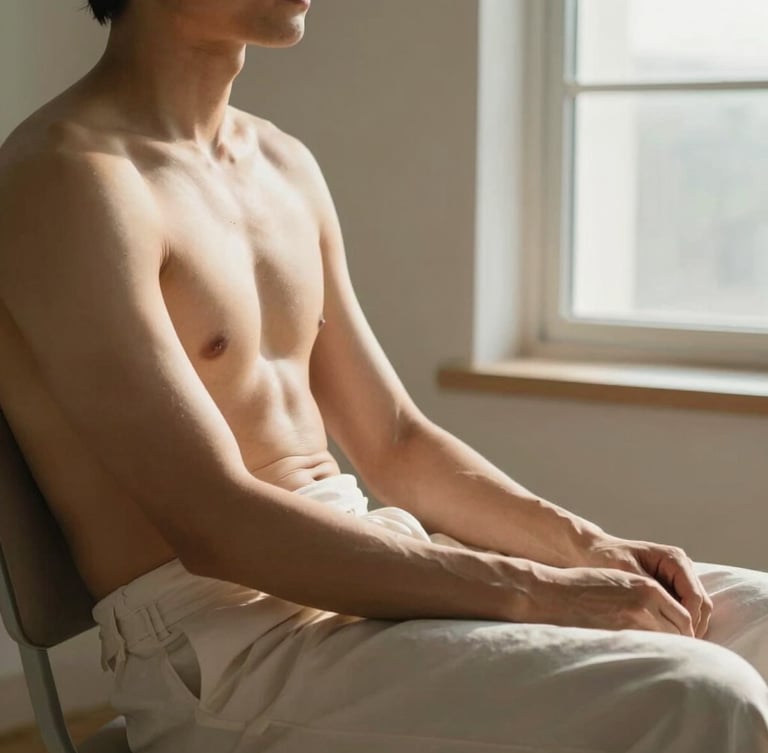 A relaxed medium shot of a person with natural skin texture sitting in a calm, sunlit room, soft morning light filtering through a window, warm clinical-minimalist tone.