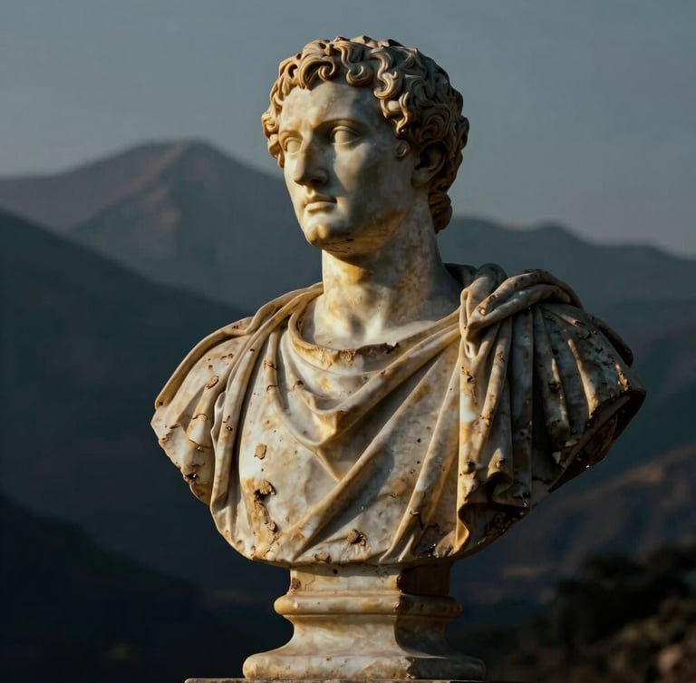 Dramatic chiaroscuro portrait of a weathered marble bust of Marcus Aurelius, golden light from the side, deep shadows, ancient Roman style, cinematic, high contrast