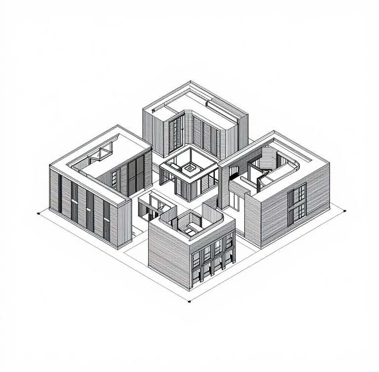 Isometric technical view of a complex Revit MEP model, clean digital rendering, sharp software UI screenshot, bright white background, high contrast
