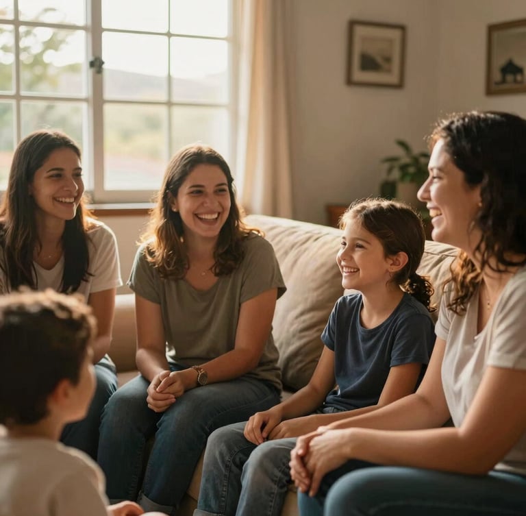 Candid medium shot of a warm, welcoming family laughing together on a sofa during a home cell group meeting in Goiás, soft golden hour sunlight filtering through a window, natural and authentic atmosphere.
