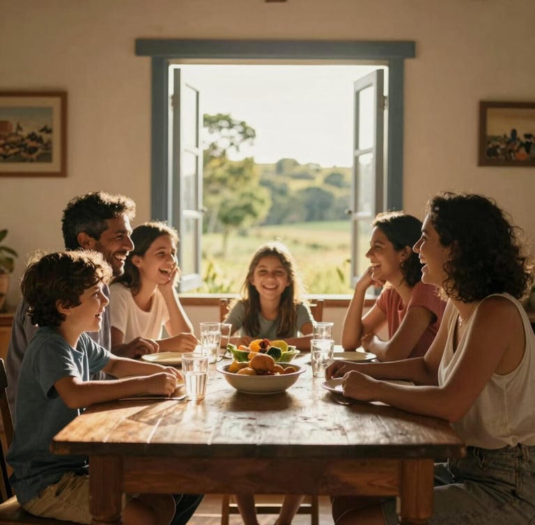 A warm, candid photo of a family laughing together around a rustic dining table in Abadiânia, natural golden hour sunlight streaming through the window, authentic expressions.