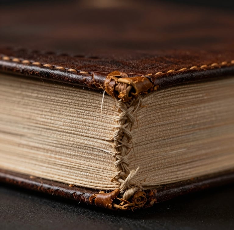 Extreme close-up of a 15th-century book's hand-sewn binding, showing the intricate linen threads and aged leather spine under soft directional library light.