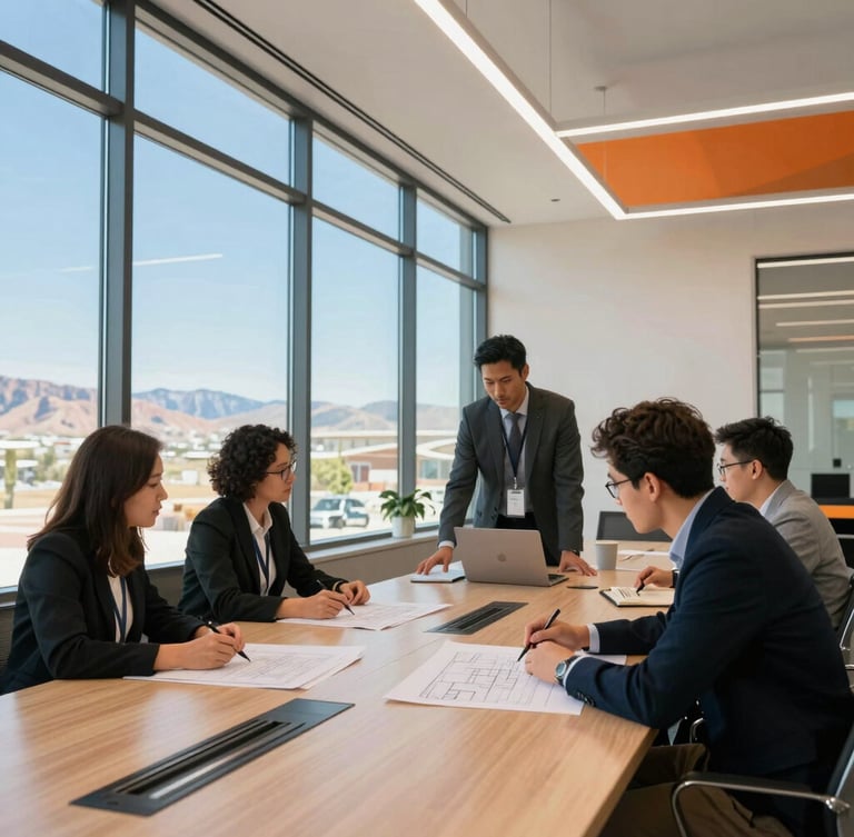 Angled architectural perspective of a modern daylight-filled conference room in Utah, professional team analyzing schematics, natural lighting, 35mm