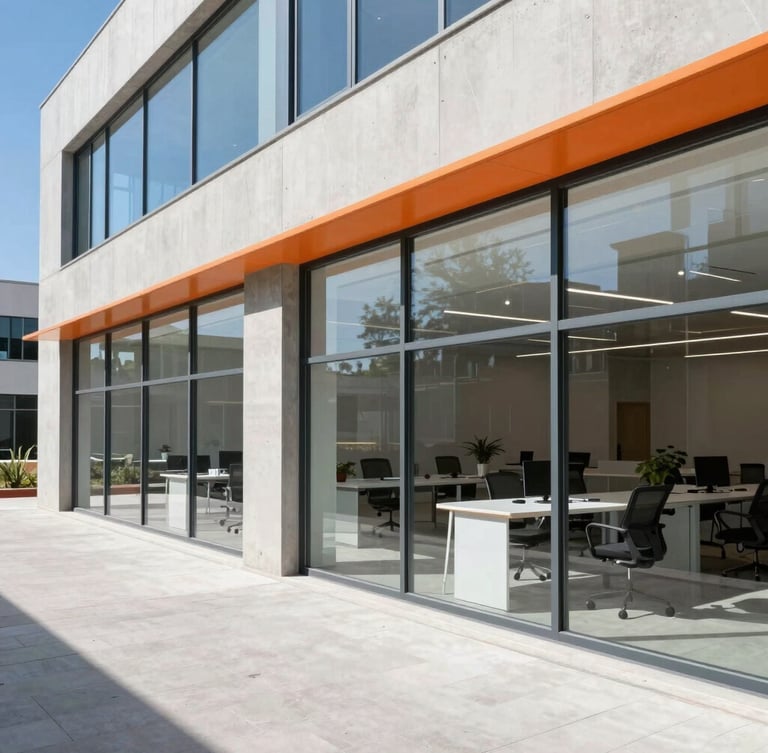Angled perspective of a clean, modern architectural workspace with bright natural daylight, concrete and glass details, 35mm