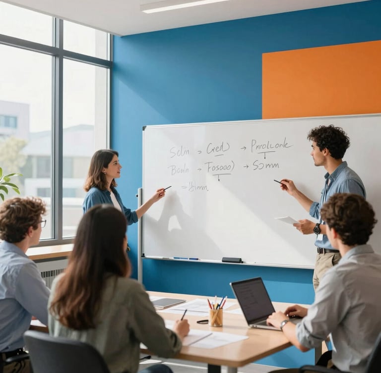 Bright natural daylight workspace, collaborative team session around a physical whiteboard, vibrant orange accents, sharp focus, modern architectural space, 35mm