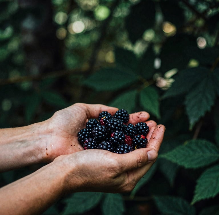 Hands with soil harvesting dark dew-covered blackberries under a dense forest canopy, dappled sunlight, moody editorial photography, 35mm