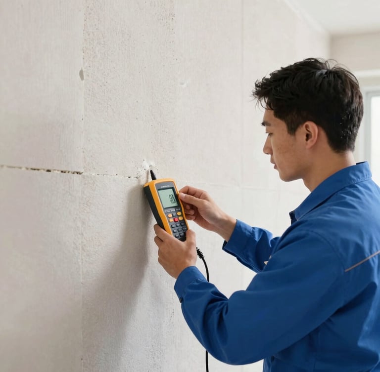 A professional technician in a clean uniform using a digital moisture meter against a dry drywall, bright neutral indoor light, cool slate tones, sharp focus.