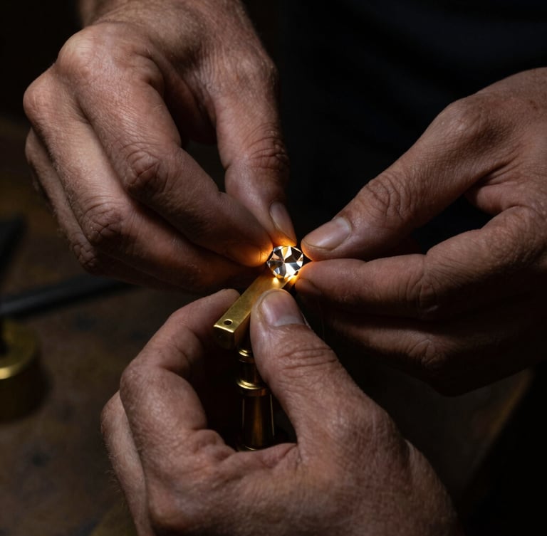 Tight macro crop of a craftsman's hands carefully pinning a crystal element onto a hand-milled brass fixture, warm light reflecting off the metal, deep shadows, high contrast, medium format.