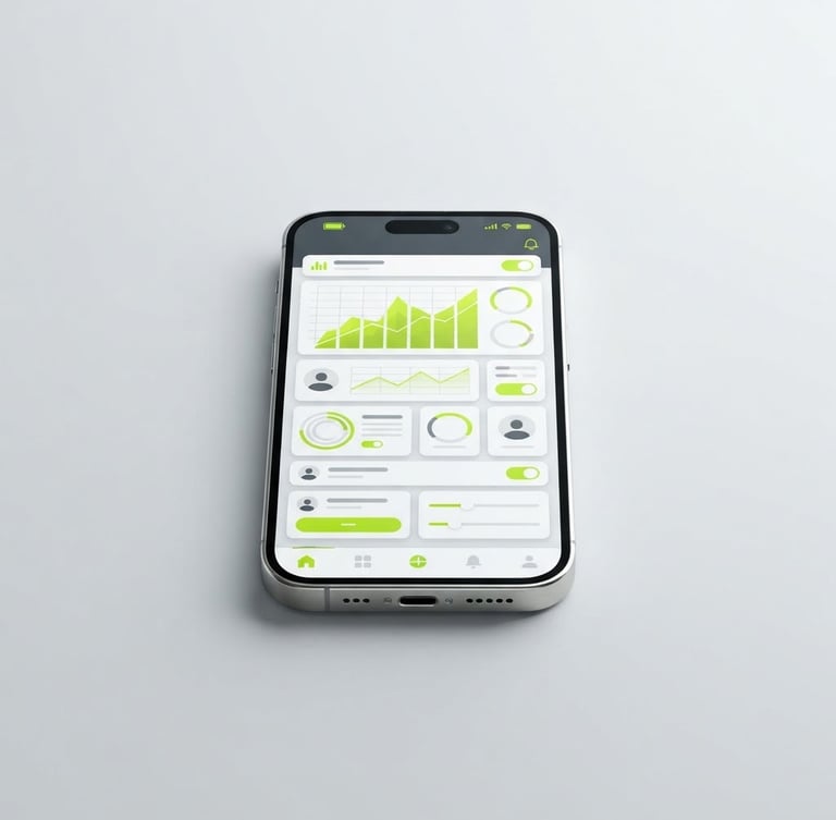Straight-on isometric view of a high-fidelity mobile UI mockup on a sleek modern smartphone, bright high-key studio lighting with soft clean shadows, minimalist light grey background, sharp lime green accents, clean 3D digital render