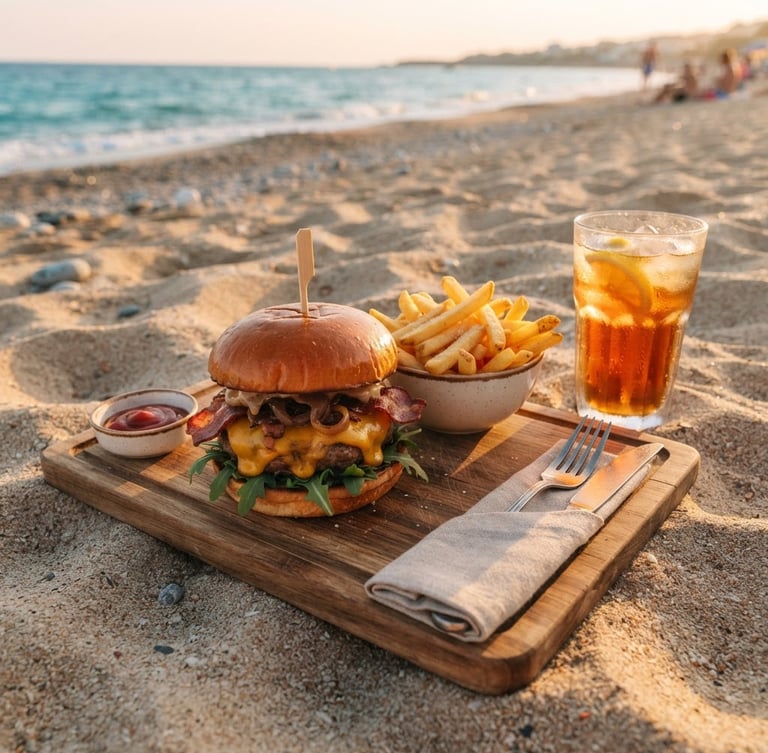 Overhead flatlay of a gourmet burger with melting cheese and crispy fries on a wooden board, golden hour sunlight reflecting off a cold glass of drink, sand beige background, 35mm photography