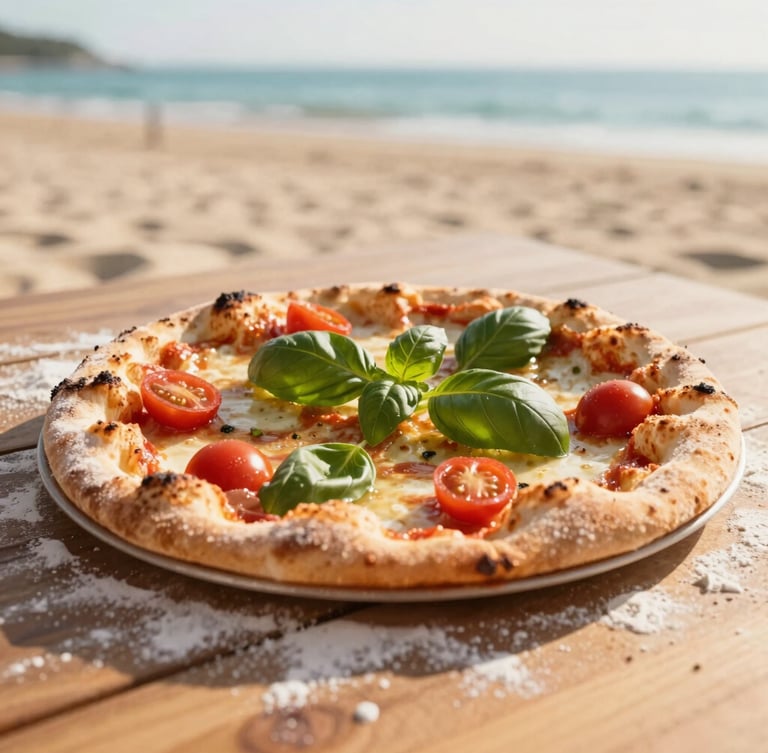 Close up of fresh basil leaves and cherry tomatoes being placed on a sourdough pizza, flour dusted on a wooden table, warm golden hour sunlight, 35mm